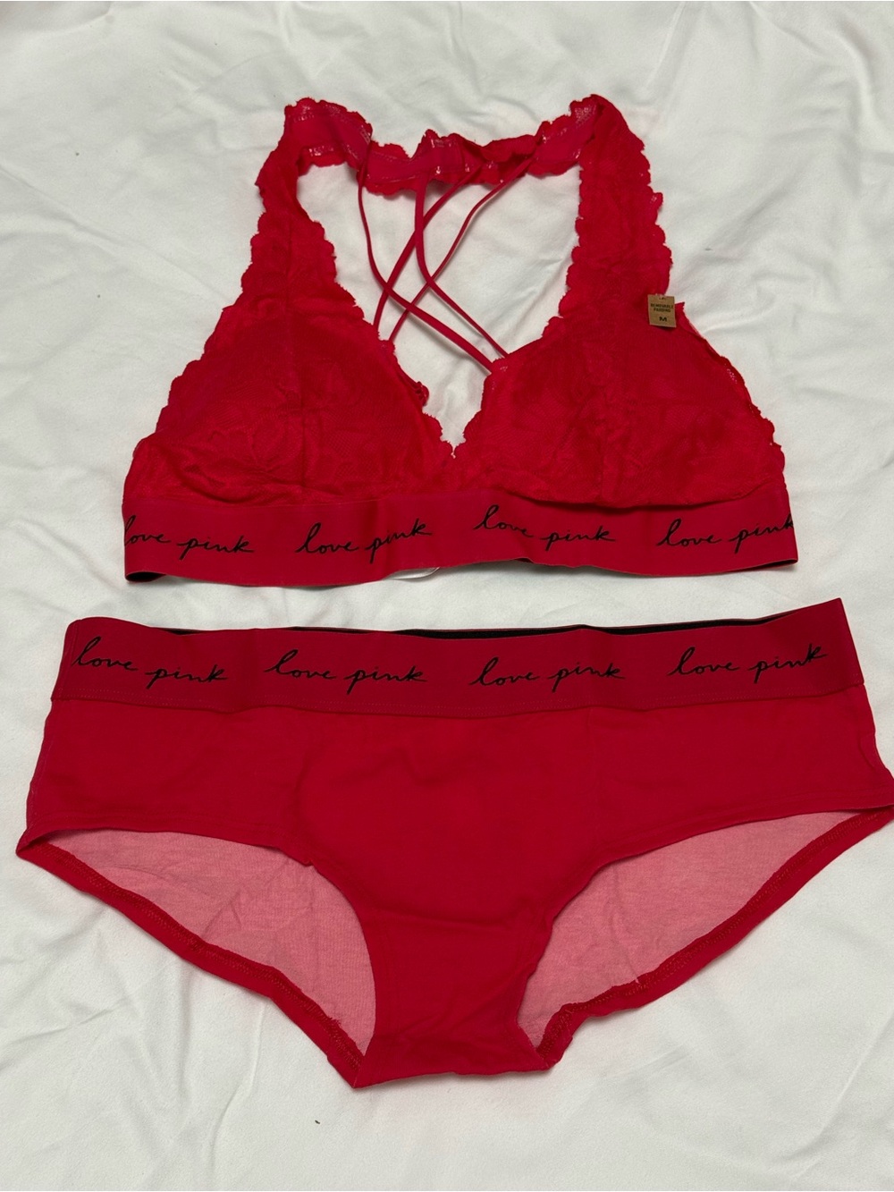 PINK Victoria's Secret Red Lace Bralette & Hipster Set